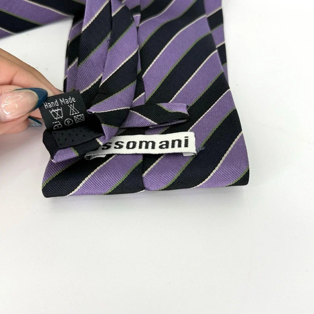 VTG Ossomani Purple Black‎ Striped Silk Necktie Handmade Extra Long 67